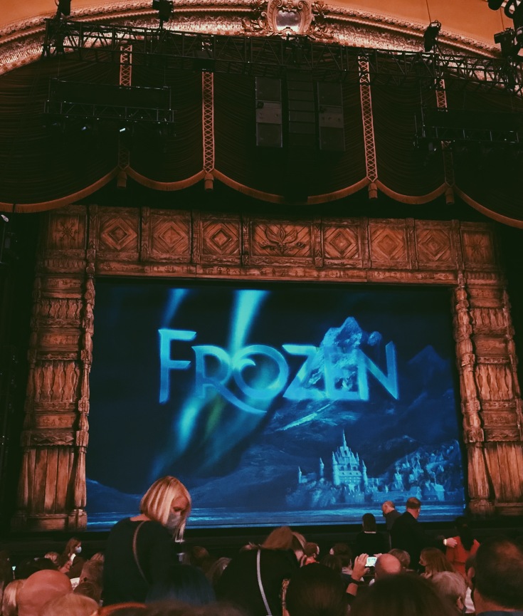 A photo of the stage of Disney's "Frozen," the musical, at the Orpheum Theatre in Minneapolis as people are taking their seats in October 2021